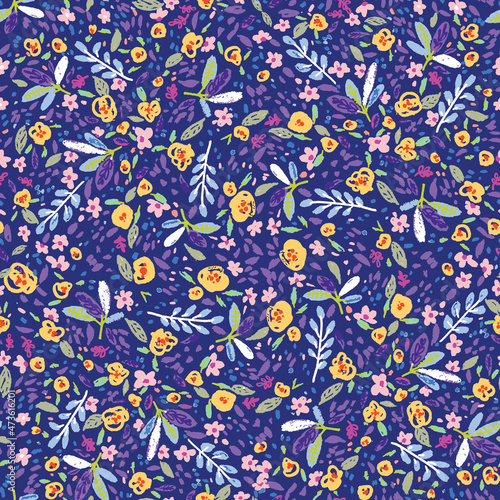Ditsy floral seamless repeat tile pattern background on navy