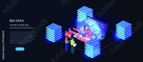 Cloud services isometric composition.Big data analysis storage business intelligence Connection concept. Big data digital background.Network digital technology concept.Big data flow processing concept