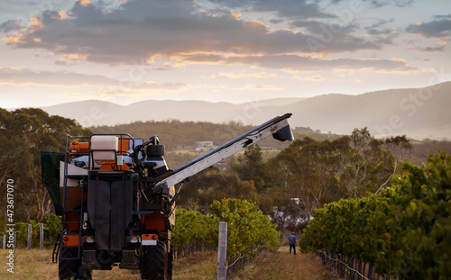Heavy machinery moving down rows of grapevines in vineyard