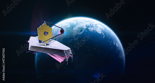 James Webb telescope on orbit of Earth. Space observatory and galaxies research. Elements of this image furnished by NASA photo