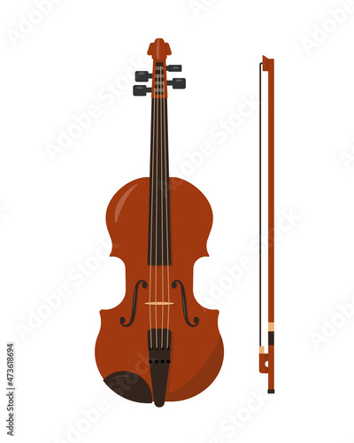 Classical wooden viola with bow isolated on white background. Stringed bowed orchestral musical instrument icon. Vector illustration in flat or cartoon style.