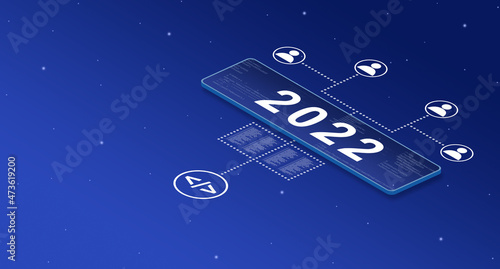 Inscription 2022 on the platform with code elements and user icons 3d