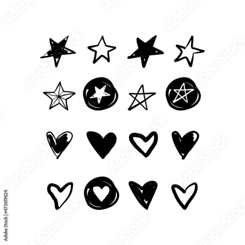 Stars and hearts hand drawn doodle set.
