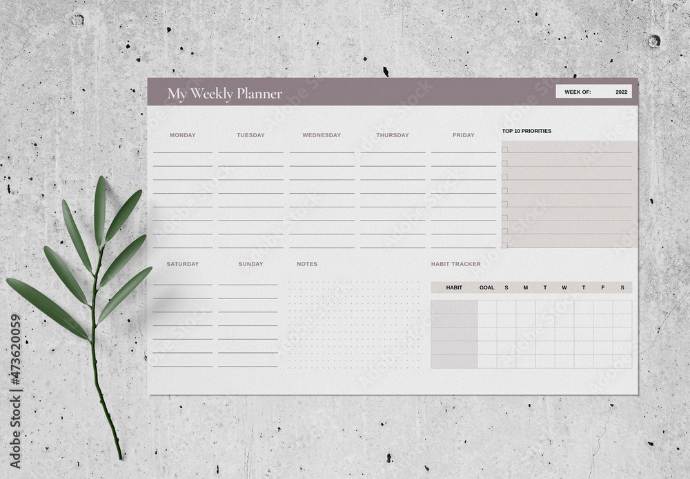 Business Weekly Desk Planner 2022 Layout Stock Template | Adobe Stock