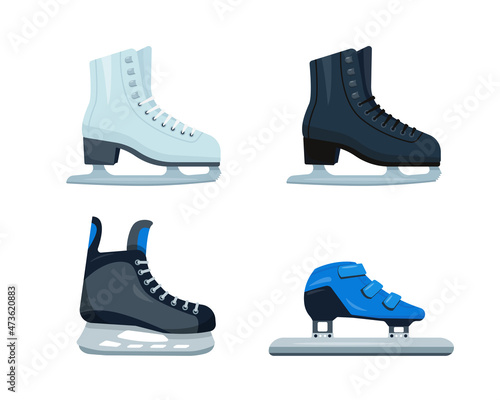 Set of different ice skates. White and black Figure Skates, Hockey and Short Track speed skates icons isolated on white background. Winter sport accessories vector illustration.