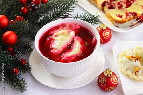 Red borscht with dumplings - traditional Polish Christmas Eve dish