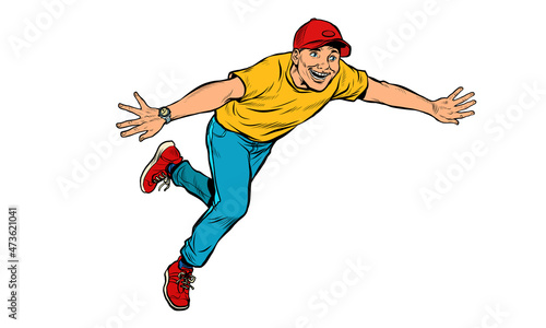 A young man happily runs forward, lifestyle. Pop Art Retro Illustration