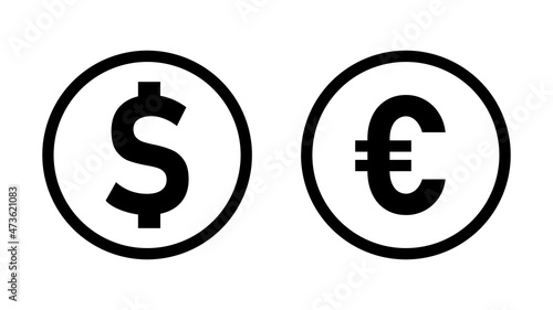 US Dollar Euro Exchange Currency Sign or Icon Set with a Coin Style Design. Vector Image.