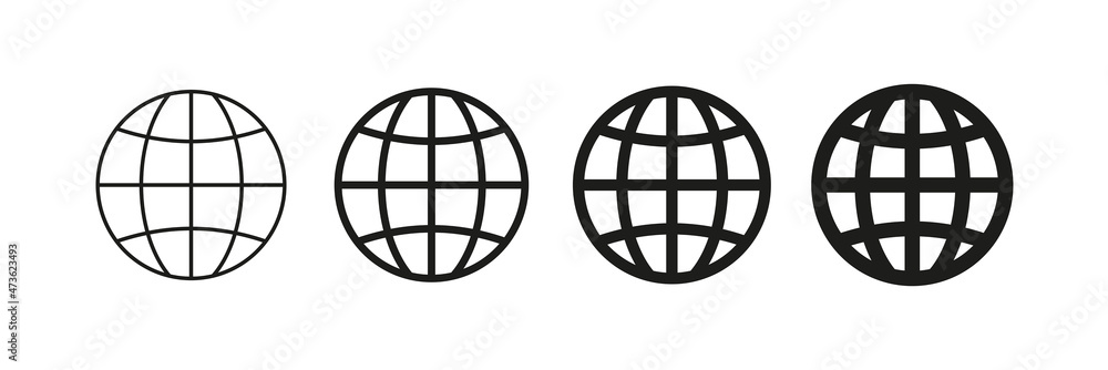 A set of icons of different thickness of the world wide web (www). Internet sign, earth. Globe, website address, outline symbol. Isolated raster illustration on white background. A set of icons of different thickness of the world wide web (www). Internet sign, earth. Globe, website address, outline symbol. Isolated raster illustration on white background.