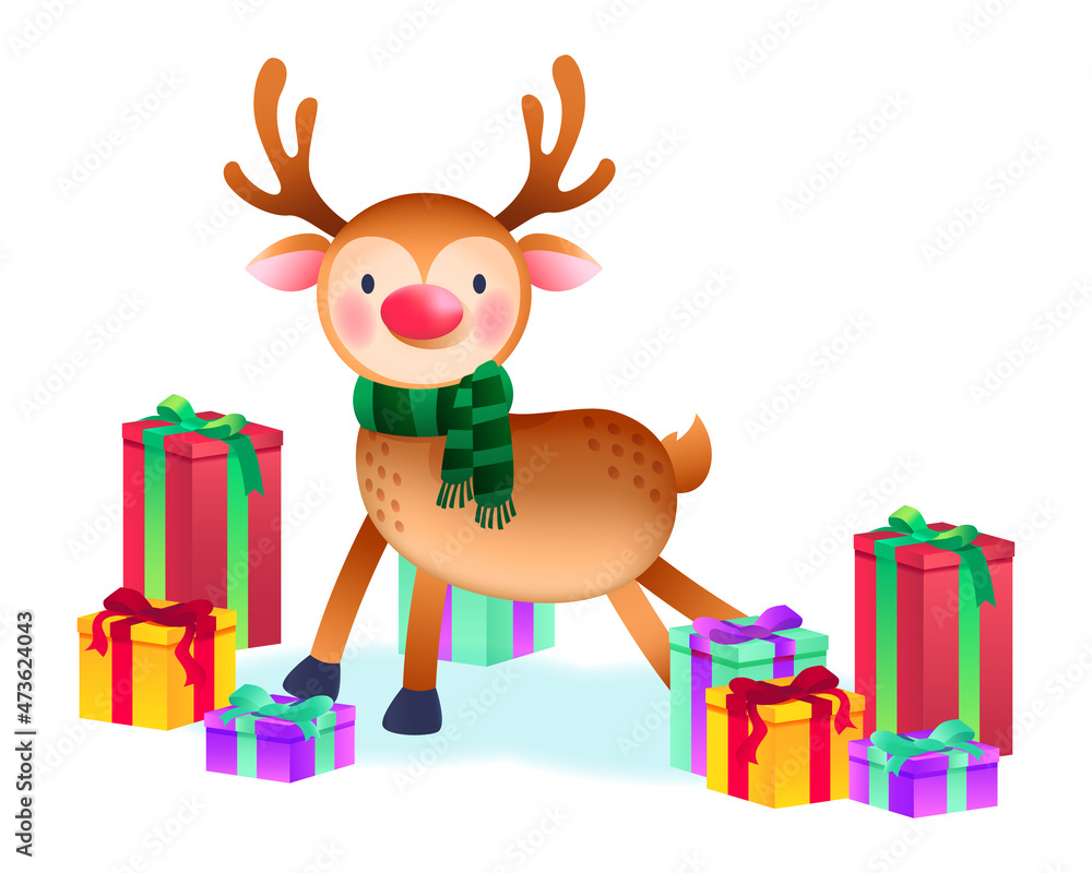 christmas reindeer character vector and gifts