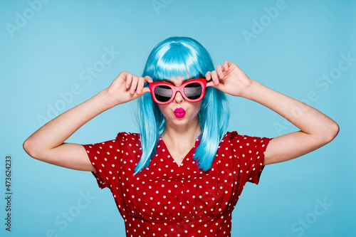 beautiful woman in blue wig sunglasses Glamor close-up