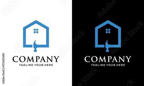 Real estate home and hammer logo concept design. Symbol graphic template element.