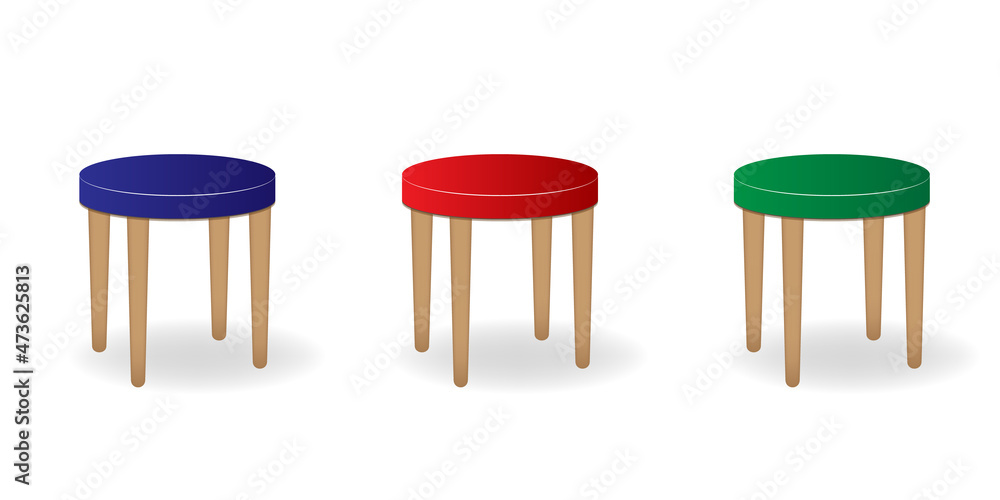 set of vector chairs. Colorful three-legged chair isolated on white, collection of illustrations. Chair icons or design elements.