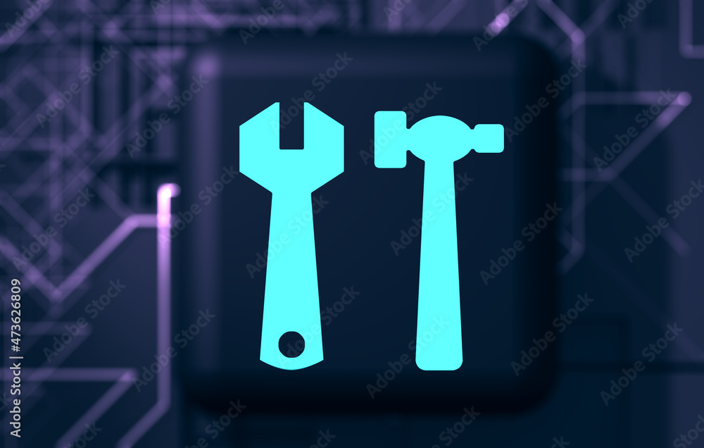 Símbolo o icono de herramienta, llave inglesa y martillo. Botón de configuración o reparación en Internet o página web. Símbolo o icono de herramienta, llave inglesa y martillo. Botón de configuración o reparación en Internet o página web.