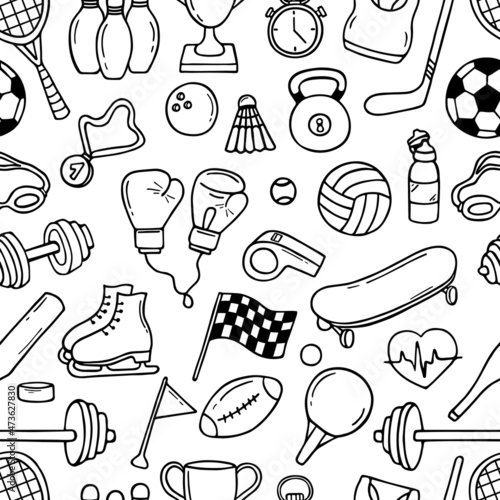 Seamless pattern of sport and fitness equipment in doodle style with ball, tennis racket, medal, dumbbell, cup, gloves .  White seamless background. Hand drawn vector illustration.