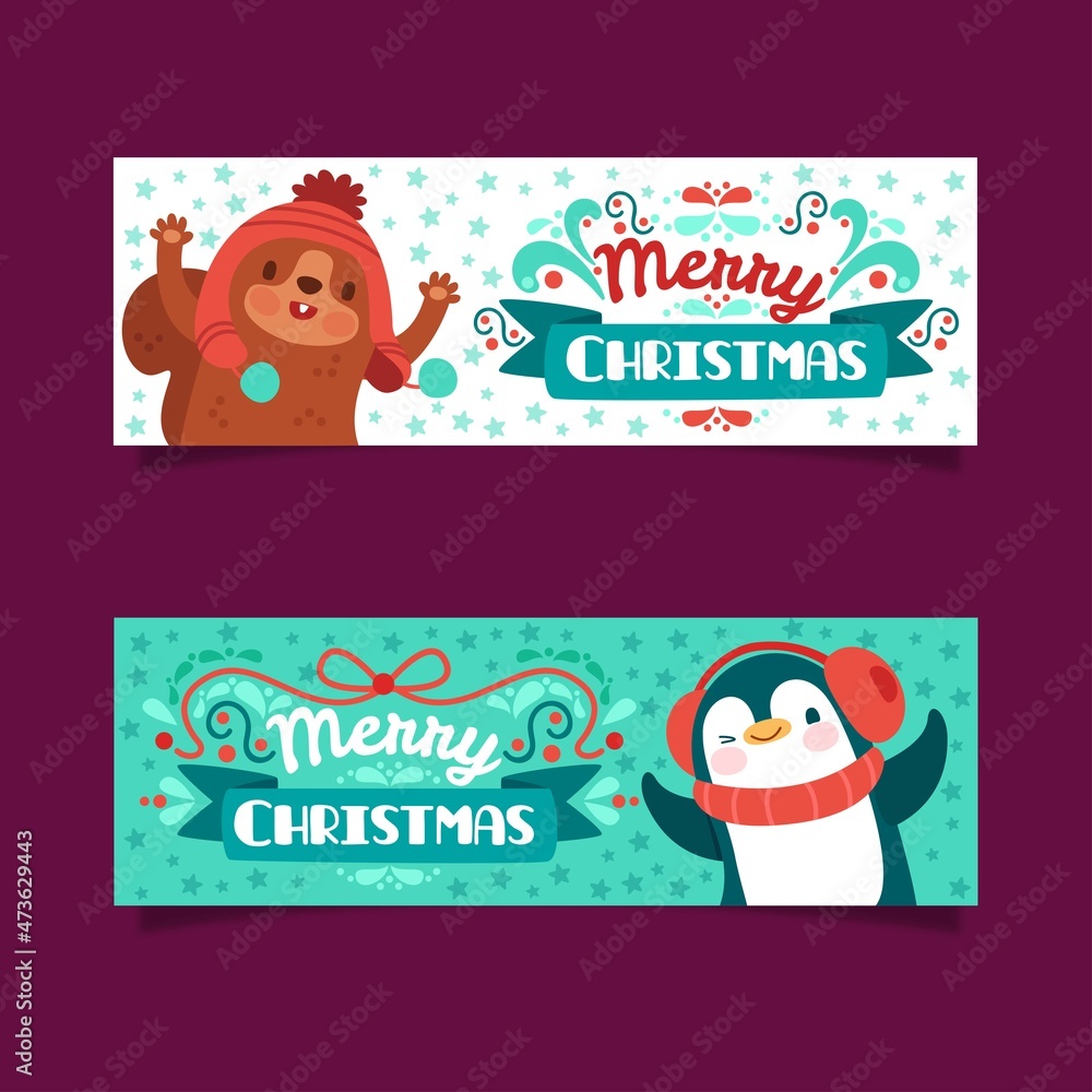 merry christmas banners with cute animals vector design illustration merry christmas banners with cute animals vector design illustration