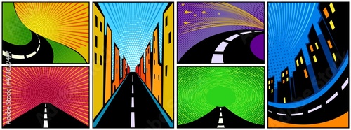 Comic backgrounds with cities, roads, highways and expressways. Silhouette of the night city, asphalt road in the city. Background template for comics in retro style. Vector