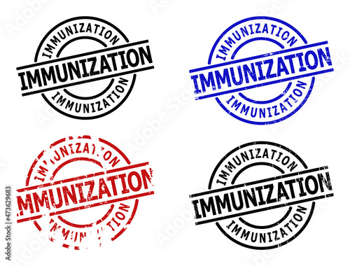 IMMUNIZATION stamp versions. IMMUNIZATION text is between parallel lines inside circle frame. Rough IMMUNIZATION seal stamp versions in red  black  blue colors  with grunge surface.