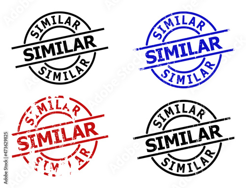 SIMILAR stamp versions. SIMILAR text is between parallel lines inside circle frame. Rough SIMILAR seal stamp versions in red, black, blue colors, with corroded surface.