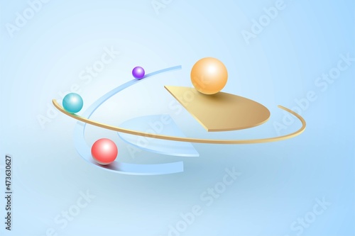 Balls roll in a gold rings and circles cut 3d perspective geometric shape vector