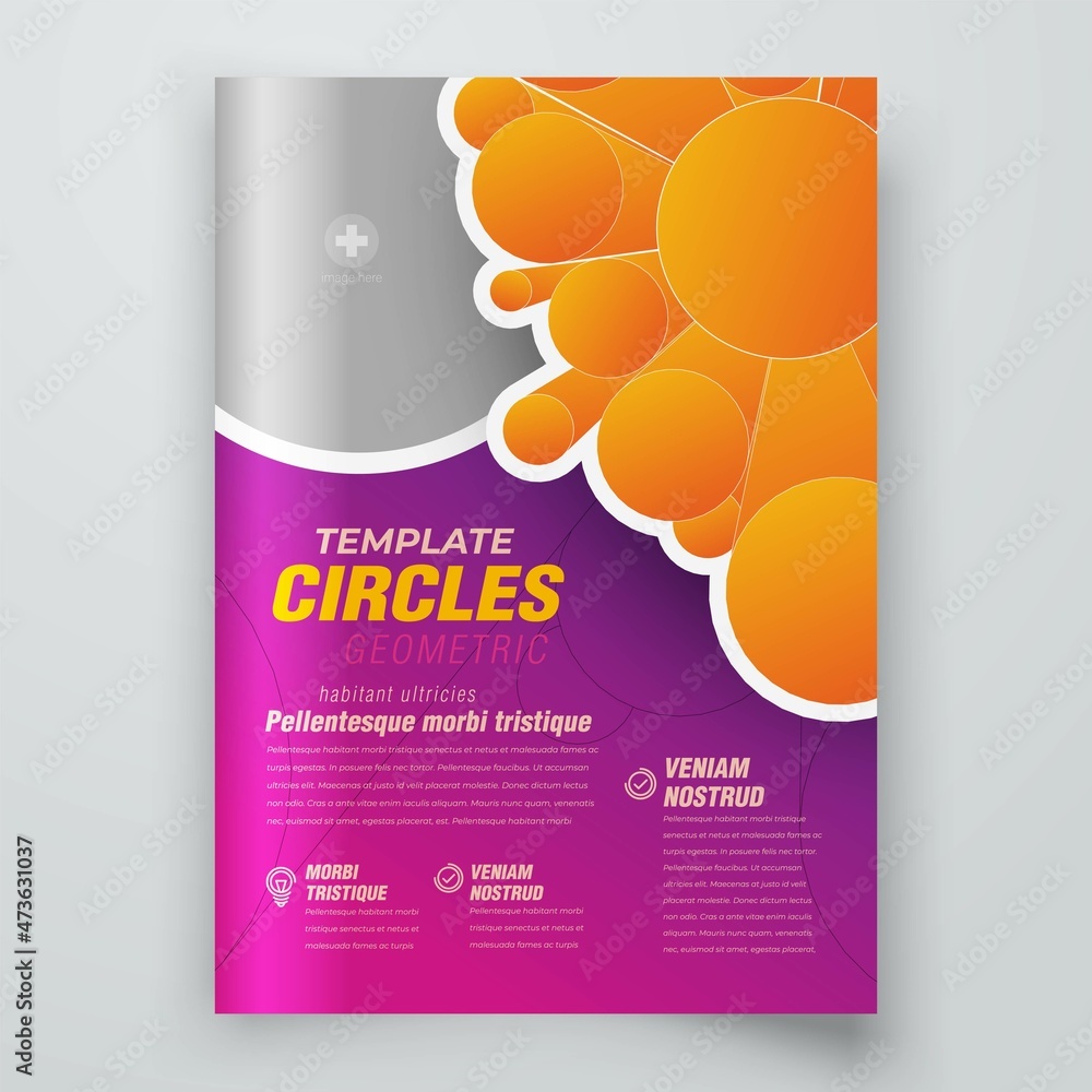 Fototapeta premium Flyer print Circles 3d flying perspective figure design template Cover Geometric cylinders theme violet and orange color, block for image, vector