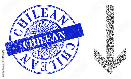 Arrow down mosaic of triangle items, and Chilean unclean stamp seal. Blue seal includes Chilean title inside circle shape. Vector arrow down mosaic is composed of randomized triangle items.
