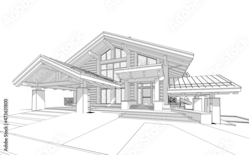 Fototapeta Naklejka Na Ścianę i Meble -  3d rendering of modern cozy chalet with pool and parking for sale or rent. Massive timber beams columns. Black line sketch with soft light shadows on white background