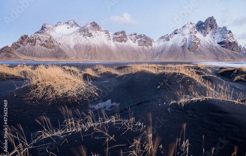 Vestrahorn steep cliffs with black sand beach in Iceland