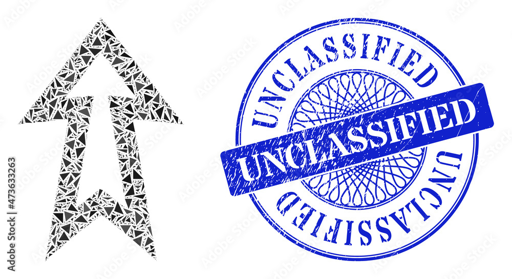 Fototapeta premium Arrow up collage of triangle items, and Unclassified corroded seal imitation. Blue stamp seal includes Unclassified title inside circle shape.