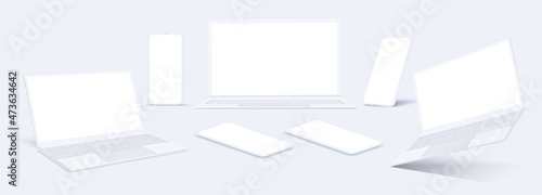The layout is a template for a mobile phone and a laptop. A white phone in the rotated position with a blank screen for design.