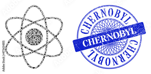 Atom collage of triangle, and Chernobyl scratched seal. Blue stamp seal includes Chernobyl tag inside round form. Vector atom collage is designed of scattered triangle parts.