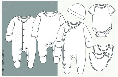 Baby clothes flat sketch template. Baby fashion, Baby girl clothes design VECTOR. Baby Flat Sketch. You can use it as a base in your collection, color it as you wish and place your print pattern.