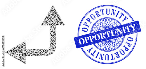Bifurcation arrow left up collage of triangle, and Opportunity dirty seal imitation. Blue seal includes Opportunity caption inside round form.
