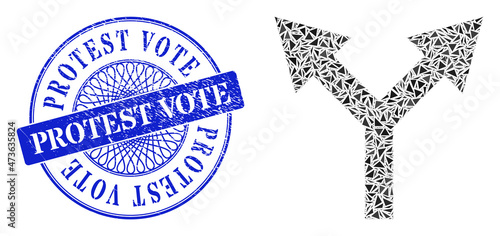 Bifurcation arrow up mosaic of triangle items, and Protest Vote grunge watermark. Blue stamp seal has Protest Vote tag inside circle form.
