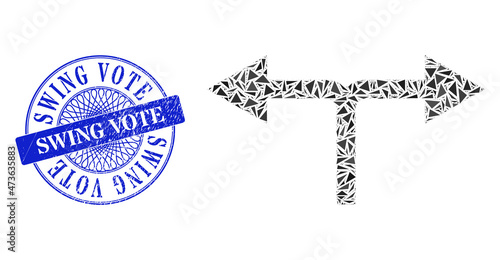 Bifurcation arrows left right collage of triangle, and Swing Vote unclean seal imitation. Blue stamp seal contains Swing Vote tag inside circle shape.