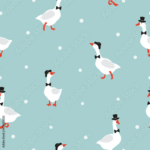 Seamless cartoon geese pattern. Vector goose gentleman background