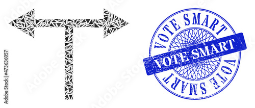Bifurcation arrows left right mosaic of triangle particles, and Vote Smart textured seal. Blue seal has Vote Smart tag inside round shape.