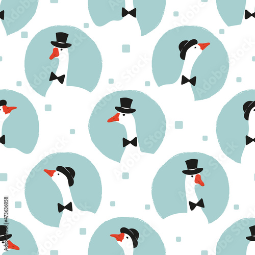 Seamless cartoon geese pattern. Vector goose polka dot  background.