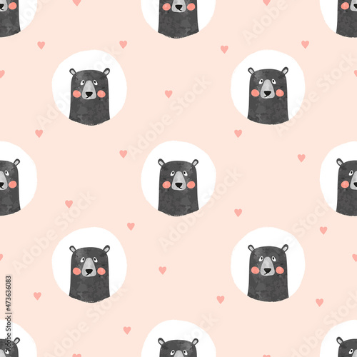 Cute bears and hearts seamless pattern. Polka dot vector illustration. Baby print