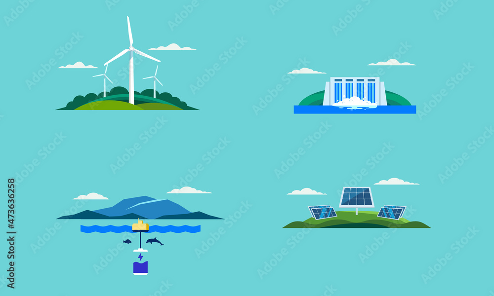 Electricity Generation Sustainable Renewable Energy Solar energy, water, wind, wave, green technology innovation vector illustration
