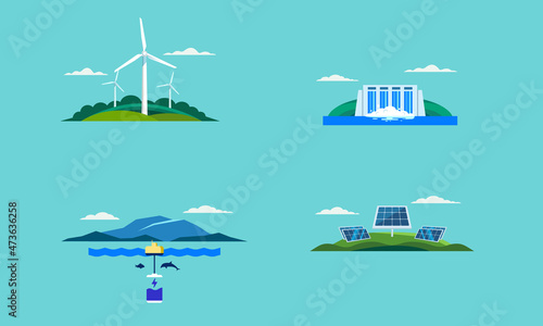 Electricity Generation Sustainable Renewable Energy Solar energy, water, wind, wave, green technology innovation vector illustration