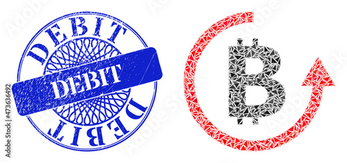Bitcoin refund mosaic of triangle particles, and Debit scratched stamp seal. Blue stamp includes Debit title inside round form.