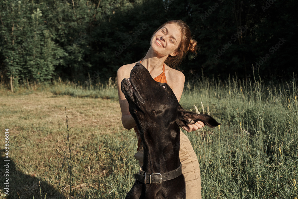 woman outdoors in the field with dog friendship playing woman outdoors in the field with dog friendship playing
