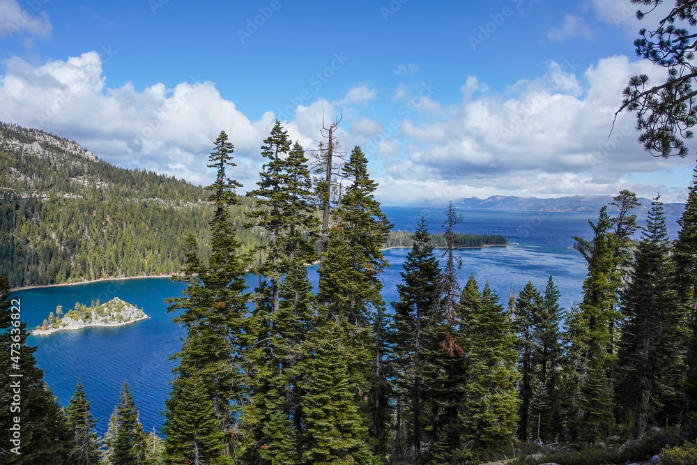Lake Tahoe at the end of summer with snow on the distant mountains in California, from Inspiration Point at Emerald Bay