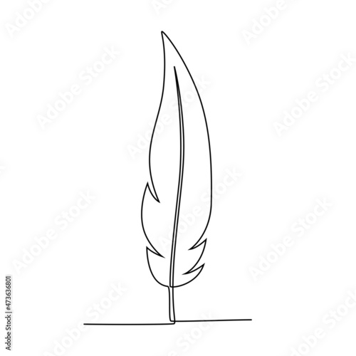 Bird feather in one line drawing, vector illustration