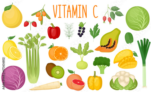 Set of vitamin C sources. Healthy food. Collection of vegetables and fruits enriched vitamin C. Vector illustration
