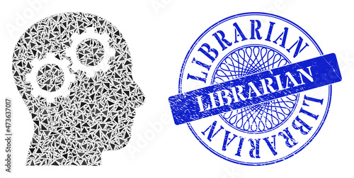 Brain gears collage of triangle particles, and Librarian corroded stamp seal. Blue stamp seal contains Librarian caption inside circle form.