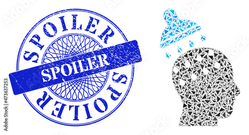 Brain washing collage of triangle parts, and Spoiler textured watermark. Blue stamp has Spoiler tag inside round shape. Vector brain washing collage is made of different triangle parts.