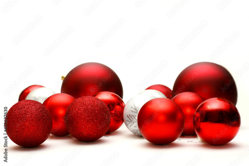 Christmas Decorative Bulbs Scattered and Isolated on White Backg Christmas Decorative Bulbs Scattered and Isolated on White Backg