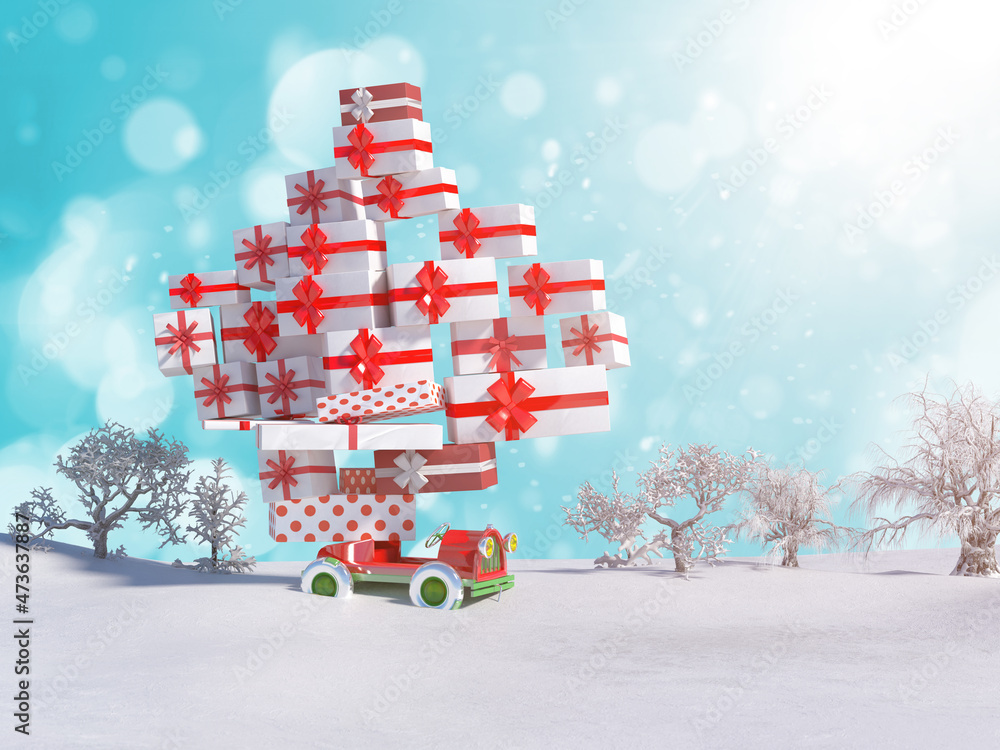 Toon unrecognizable Car Carries Christmas Gifts render 3d